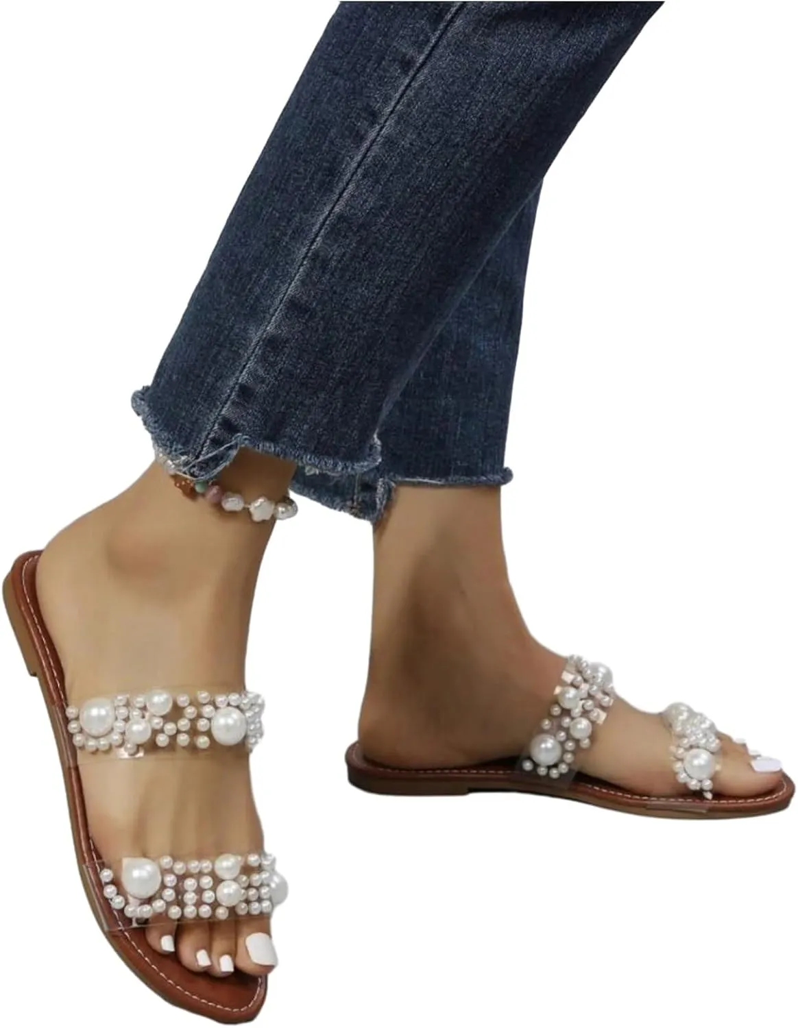 Verdusa Women's Pearls Clear Flat Sandals Open Toe Slip On Slides