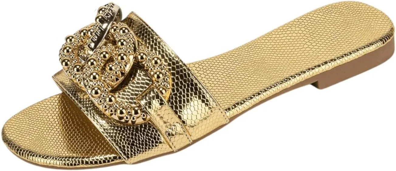 Verdusa Women's Slip On Flat Sandals Metallic Flat Summer Sandals