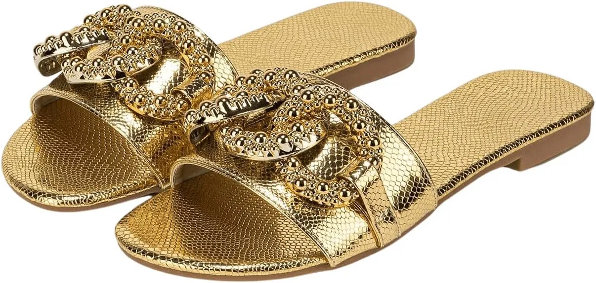 Verdusa Women's Slip On Flat Sandals Metallic Flat Summer Sandals