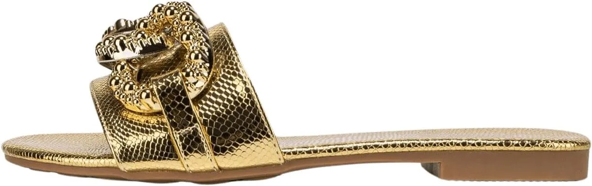 Verdusa Women's Slip On Flat Sandals Metallic Flat Summer Sandals