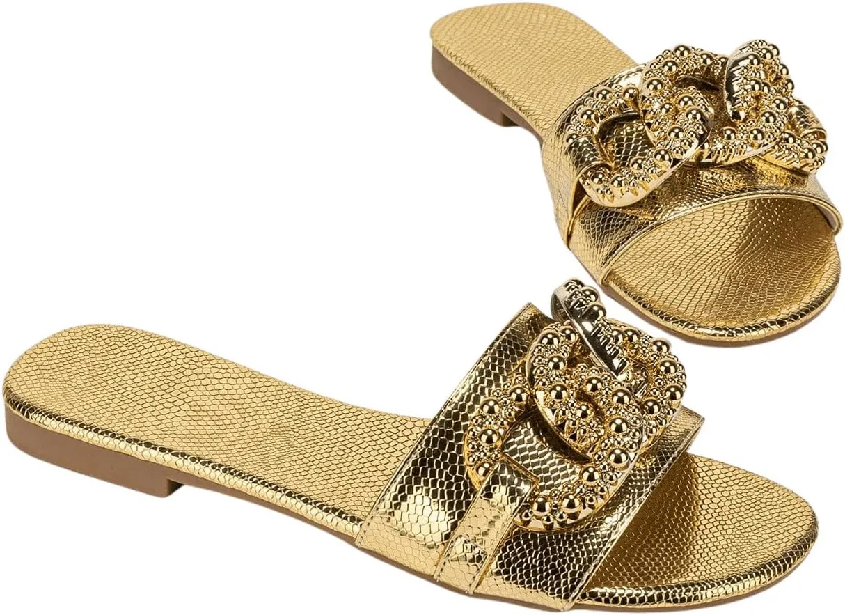 Verdusa Women's Slip On Flat Sandals Metallic Flat Summer Sandals
