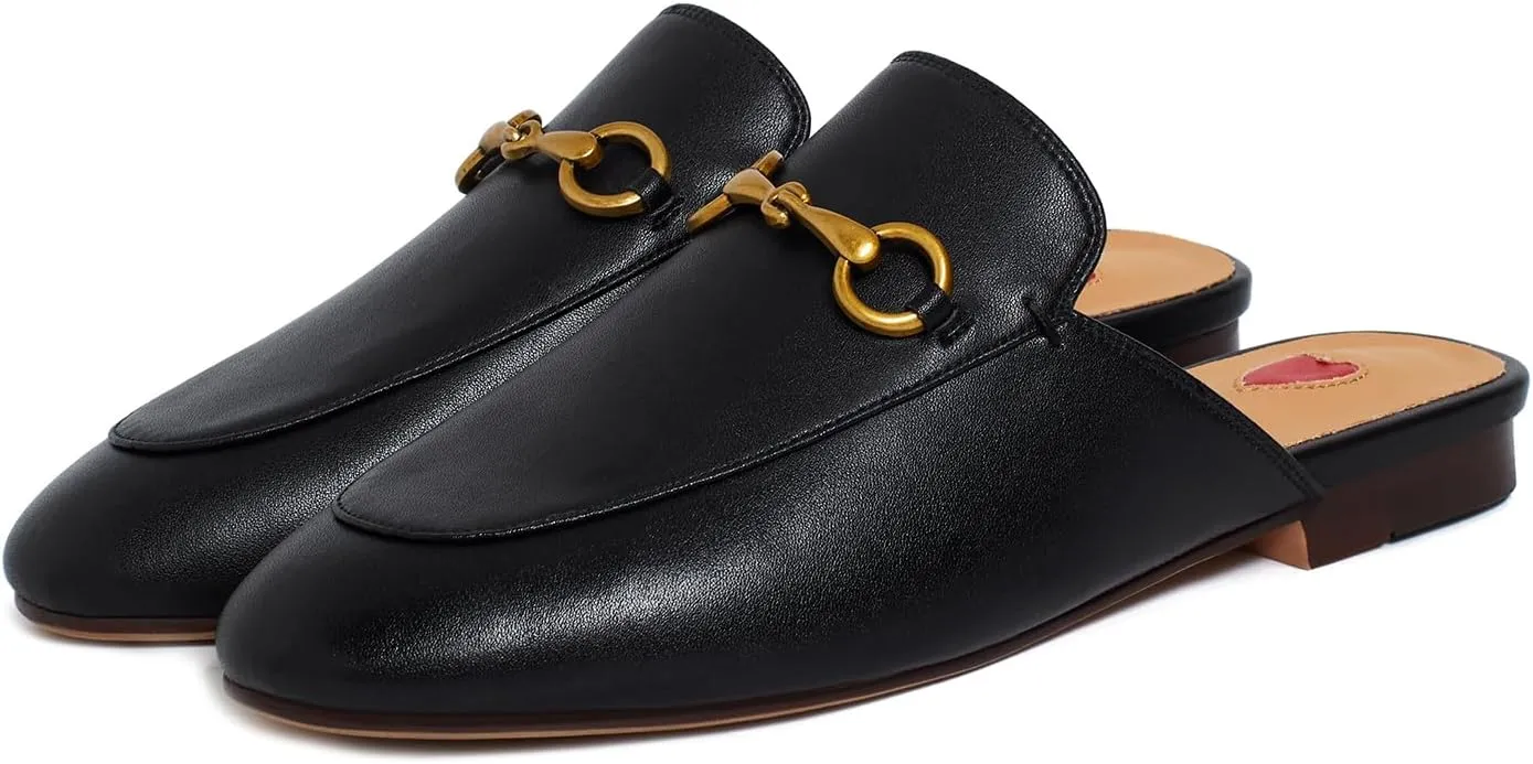 Vertundy Women's Mules Low Heel Flats Leather Slip On Backless Sandals for Girls Lady Work Slides