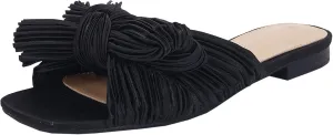 VETASTE Women's Pleated Bow Flat Sandals Open Square Toe Slip on Slide Sandals