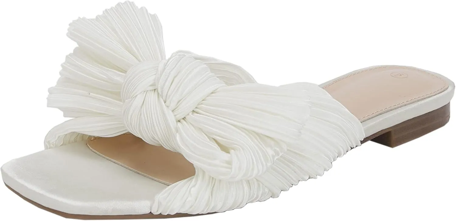 VETASTE Women's Pleated Bow Flat Sandals Open Square Toe Slip on Slide Sandals