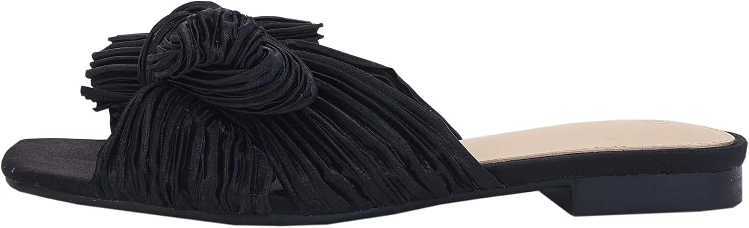 VETASTE Women's Pleated Bow Flat Sandals Open Square Toe Slip on Slide Sandals