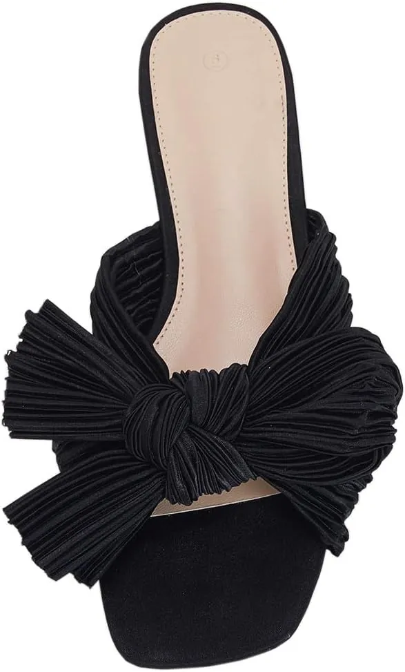 VETASTE Women's Pleated Bow Flat Sandals Open Square Toe Slip on Slide Sandals