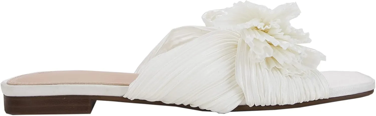 VETASTE Women's Pleated Bow Flat Sandals Open Square Toe Slip on Slide Sandals