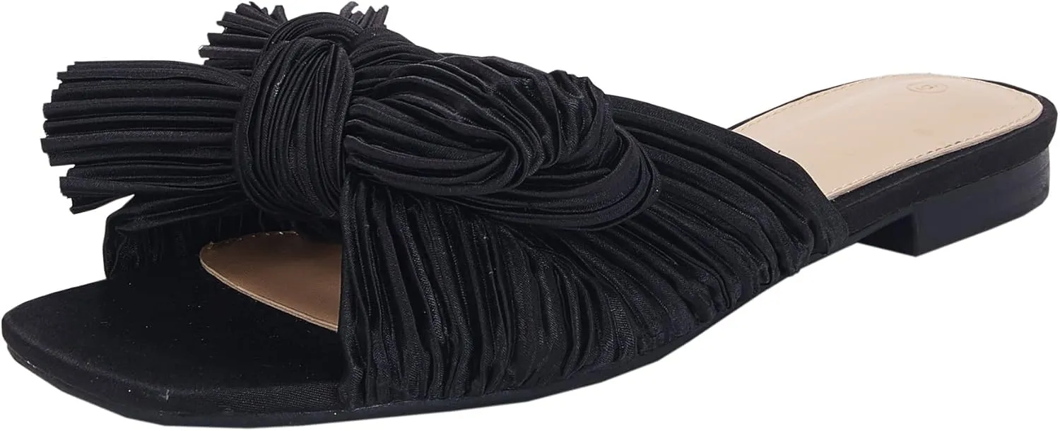 VETASTE Women's Pleated Bow Flat Sandals Open Square Toe Slip on Slide Sandals