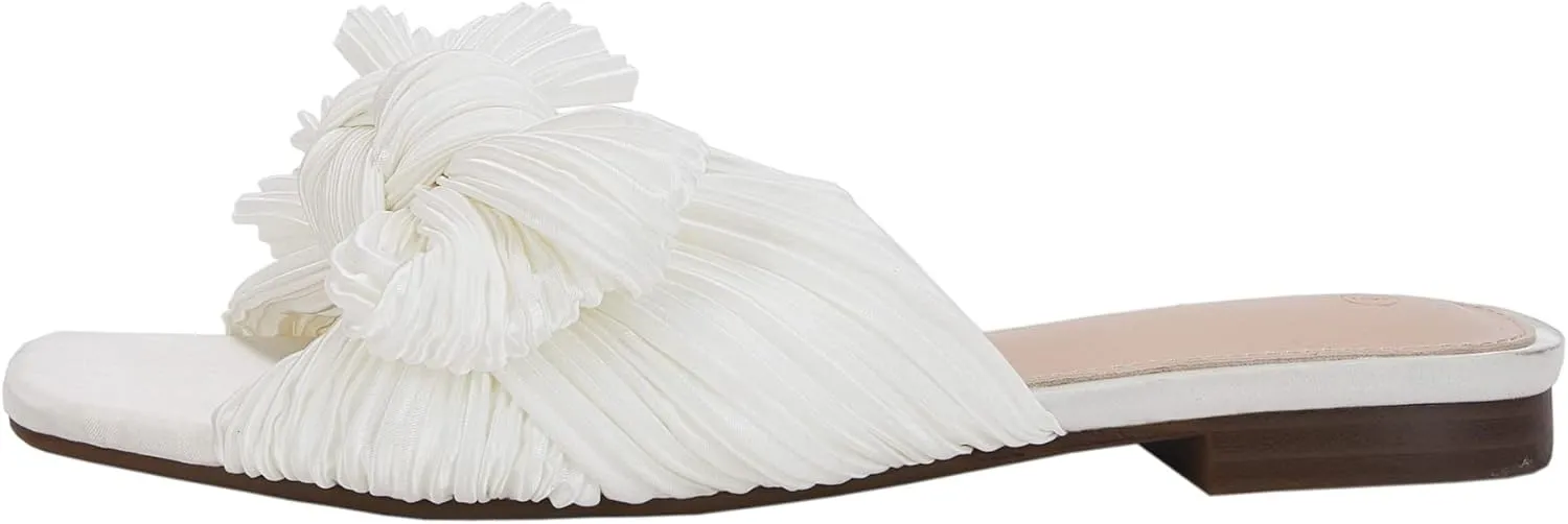 VETASTE Women's Pleated Bow Flat Sandals Open Square Toe Slip on Slide Sandals