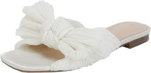 VETASTE Women's Pleated Bow Flat Sandals Open Square Toe Slip on Slide Sandals