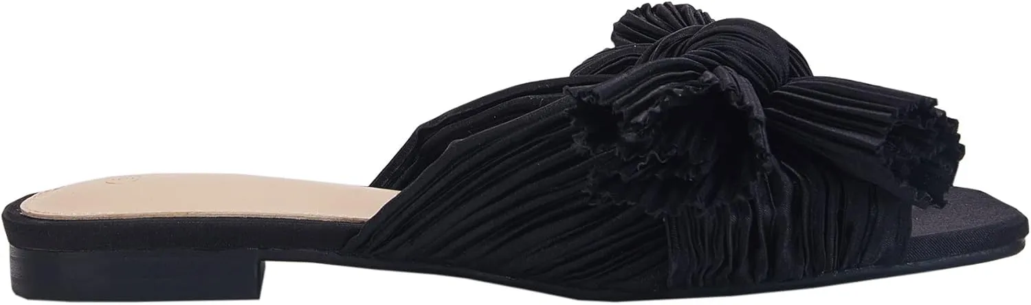 VETASTE Women's Pleated Bow Flat Sandals Open Square Toe Slip on Slide Sandals