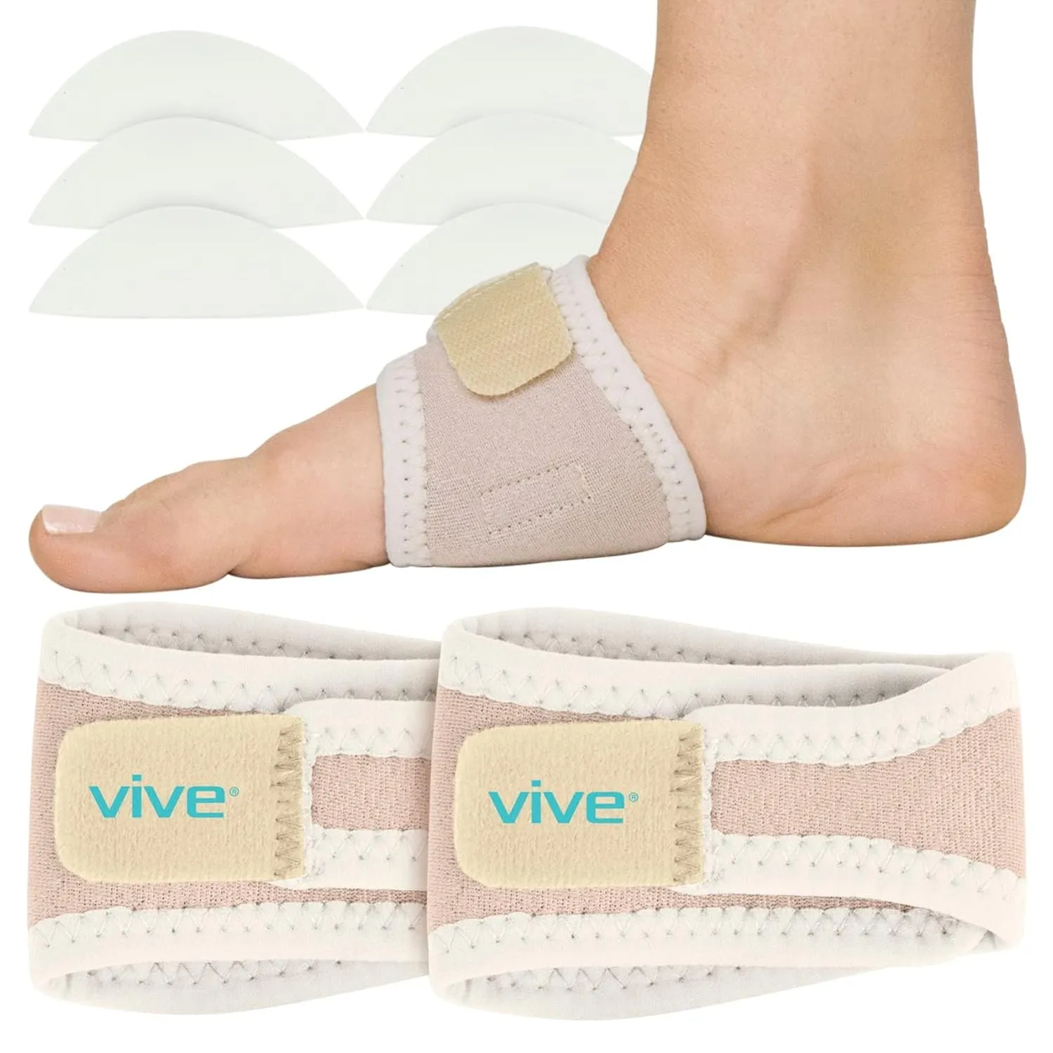 Vive Foot Arch Support Brace (Pair) - Wrap Corrector for Flat Foot, Plantar Fasciitis, Pain Relief, Fallen Arches - Compression Sleeve Strap for Feet - Gel Bands Inserts for Women & Men (Beige)