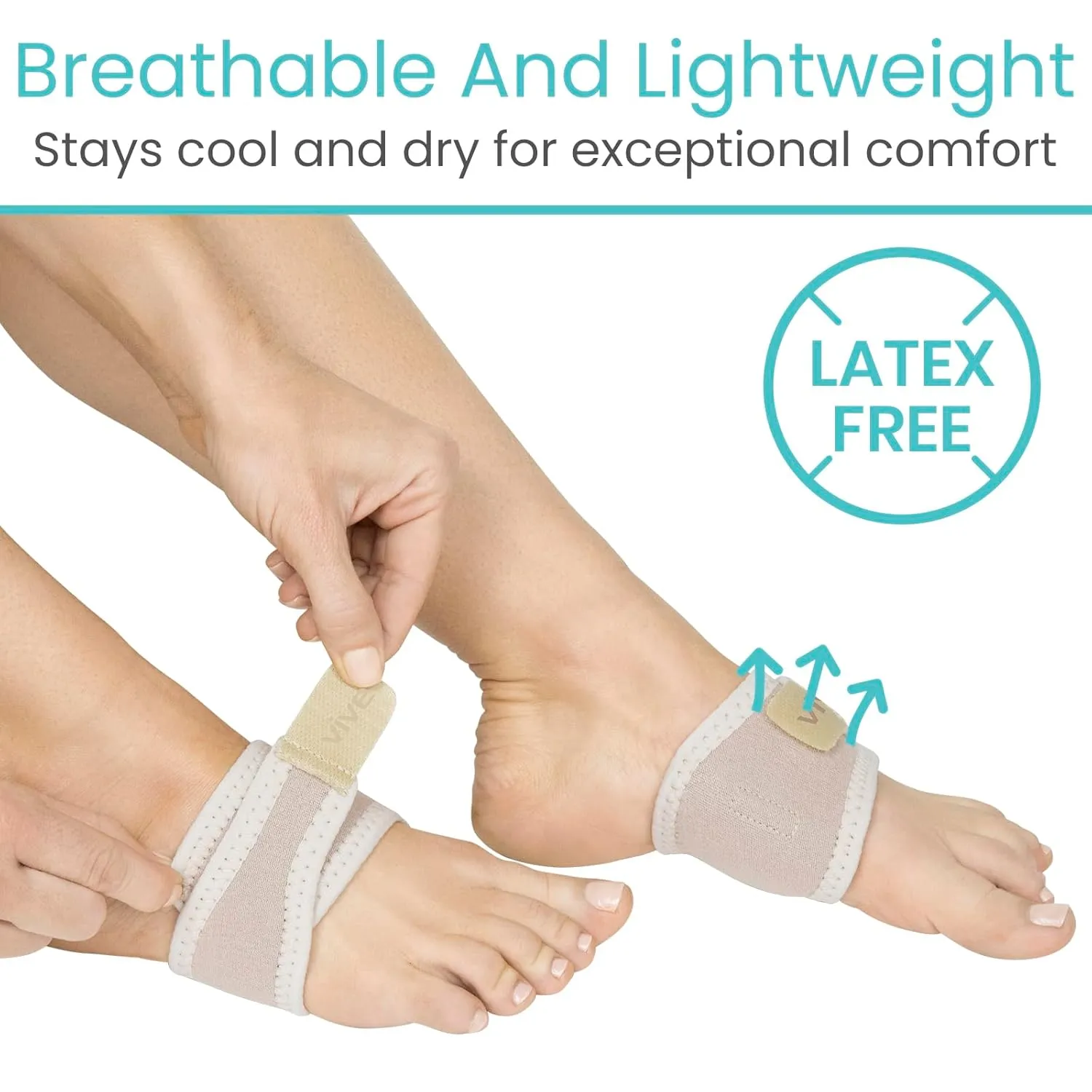 Vive Foot Arch Support Brace (Pair) - Wrap Corrector for Flat Foot, Plantar Fasciitis, Pain Relief, Fallen Arches - Compression Sleeve Strap for Feet - Gel Bands Inserts for Women & Men (Beige)