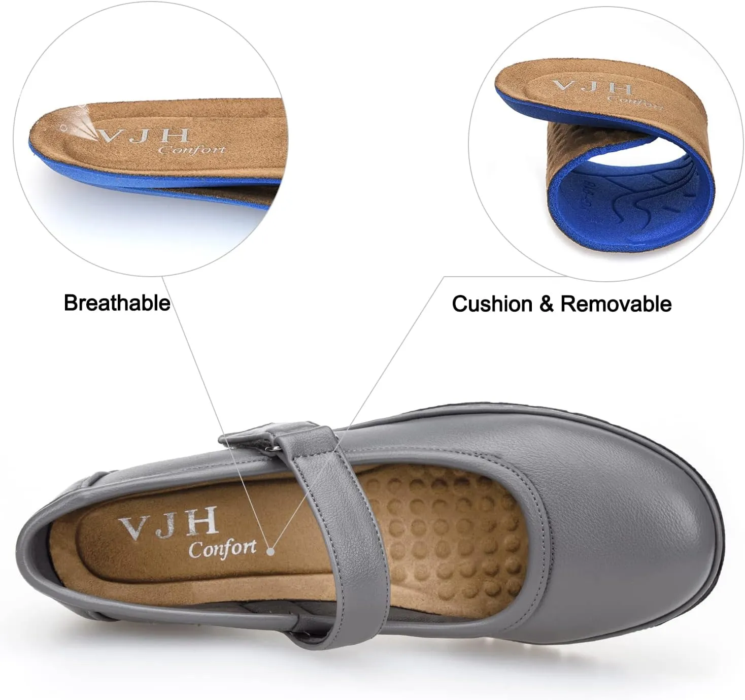 VJH confort Women s Mary Jane Flats, Breathable Comfort Round Toe Low Heel Slip-on Light Weight Walking Shoes