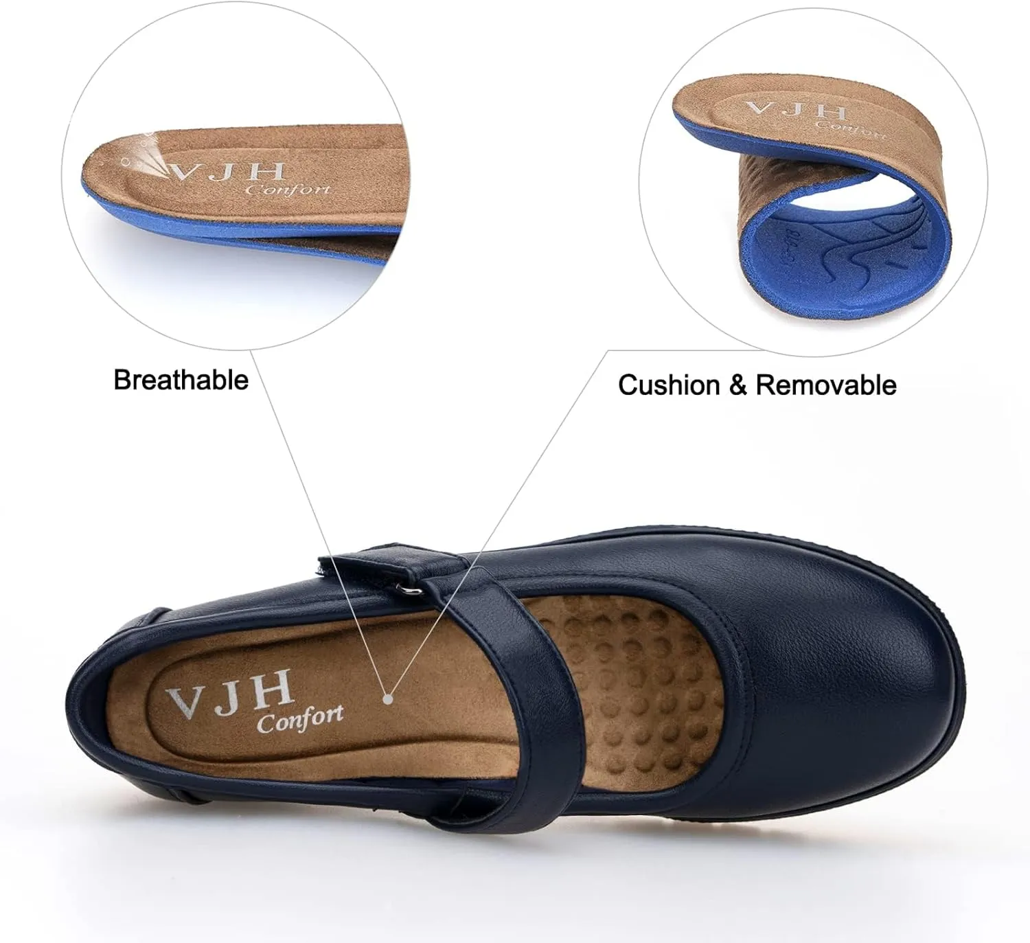 VJH confort Women s Mary Jane Flats, Breathable Comfort Round Toe Low Heel Slip-on Light Weight Walking Shoes