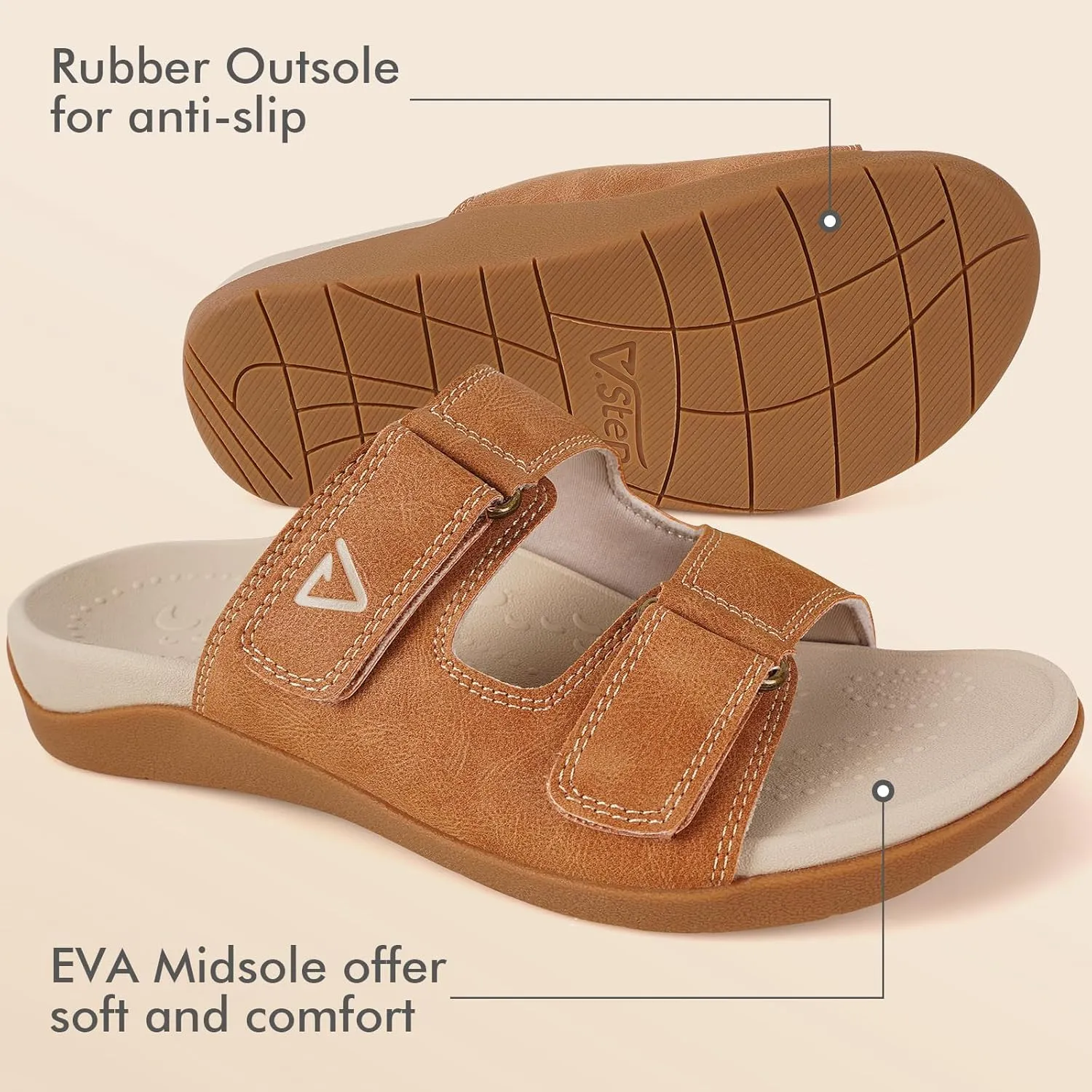 V.Step Orthopedic Slides with Arch Support for Women Men, Adjustable Orthotic Sandals for Plantar Fasciitis Pain Relief Indoor Outdoor Brown W9/M8