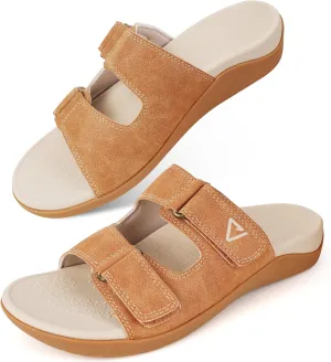 V.Step Orthopedic Slides with Arch Support for Women Men, Adjustable Orthotic Sandals for Plantar Fasciitis Pain Relief Indoor Outdoor Brown W9/M8