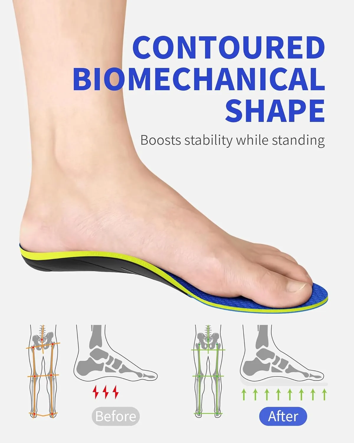 WalkHero 220  lbs Heavy Duty Arch Support Inserts - Plantar Fasciitis Relief Orthotic Insoles for Flat Feet and Daily Walking (Mens 9-9.5 | Womens 11-11.5, Azure Blue)