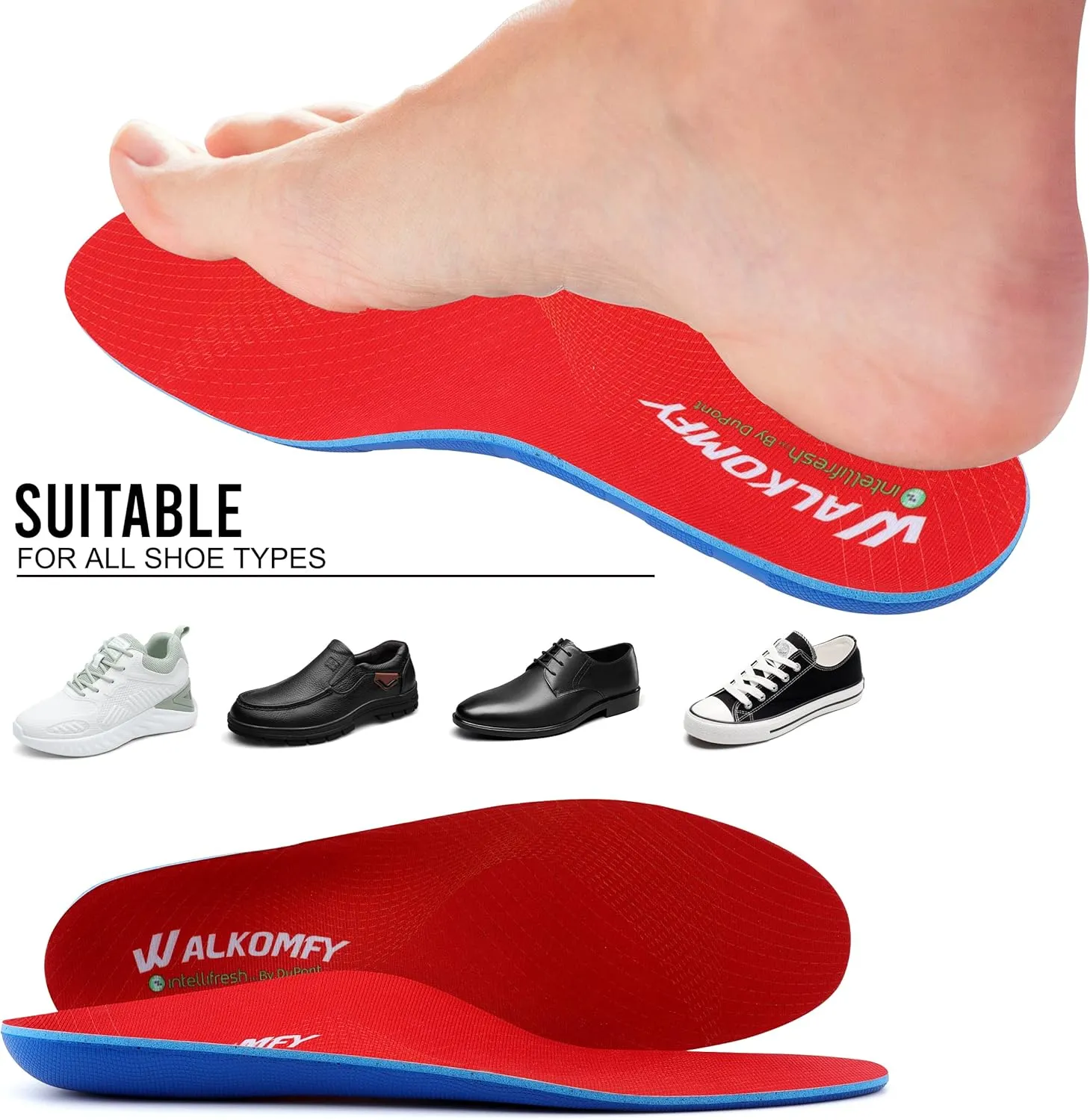 Walkomfy Arch Support Insoles for Women Men - Plantar Fasciitis Relief Orthotics Gel Shoe Inserts for Flat Feet Foot Fatigue, Over Pronation, Knee Back Pain - Stay on Your Feet Longer