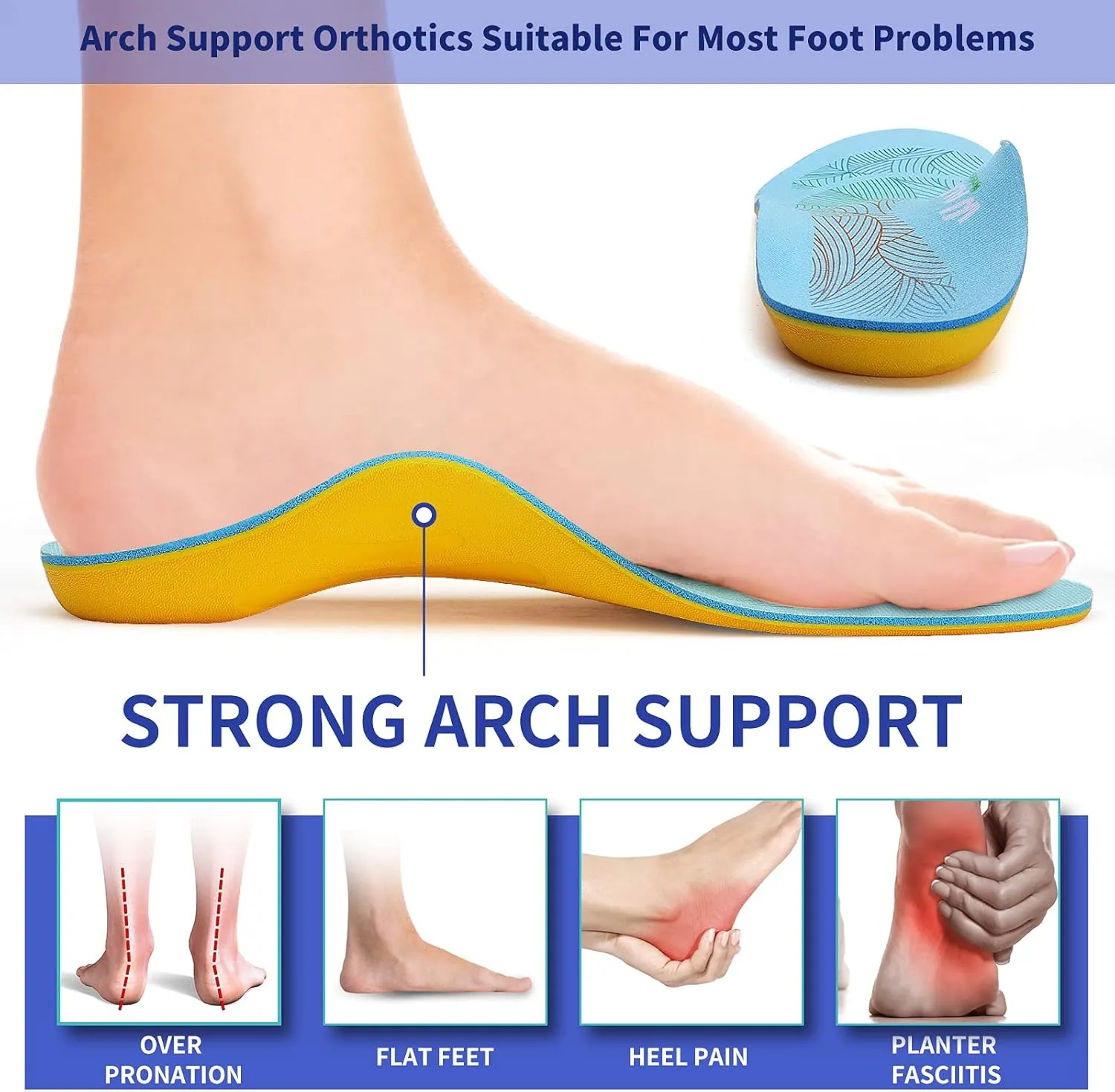 Walkomfy Pain Relief Orthotics,Plantar Fasciitis High Arch Support Insoles for Women Men,Orthotic Shoe Inserts for Flat Feet,Metatarsalgia,Heel Pain,Work Boots Gel Insoles for Standing All Day