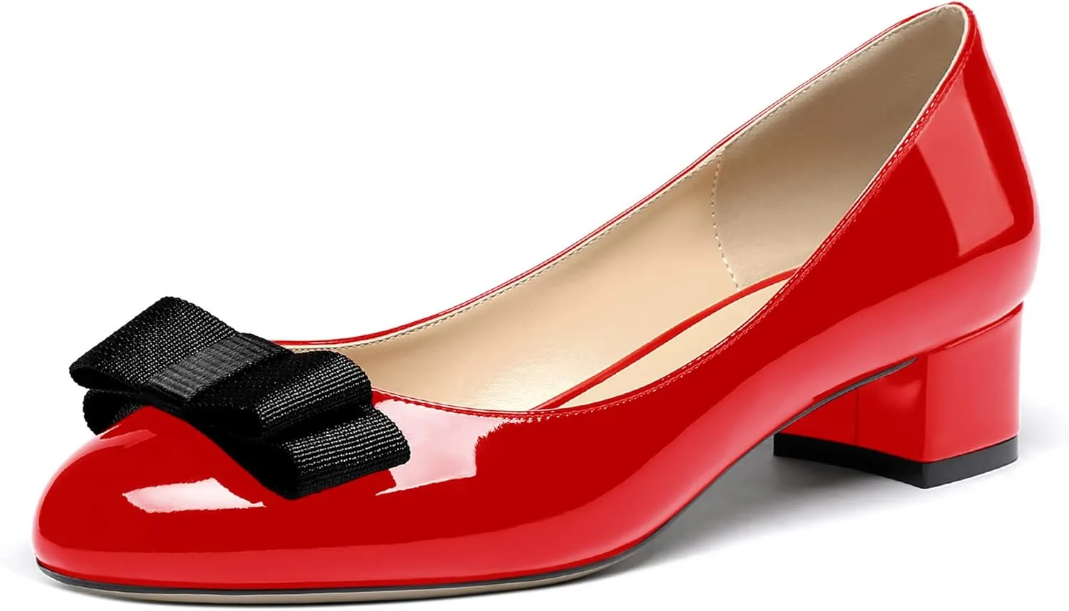 WAYDERNS Women's Patent Bow Slip On Round Toe Chunky Low Heel Pumps Shoes 1.5 Inch