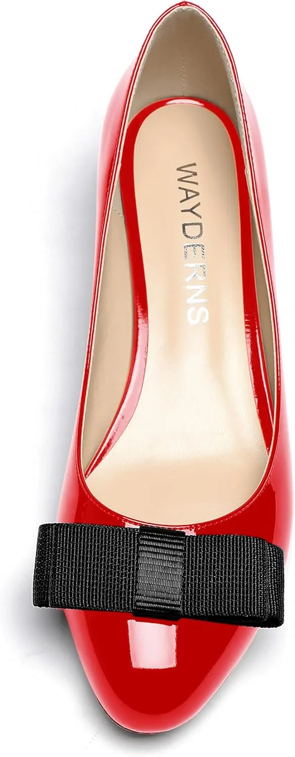 WAYDERNS Women's Patent Bow Slip On Round Toe Chunky Low Heel Pumps Shoes 1.5 Inch