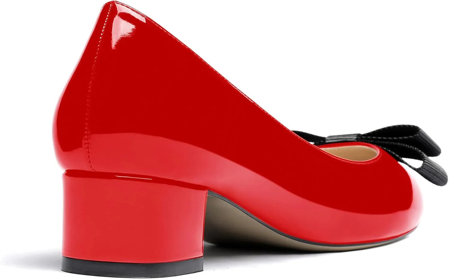 WAYDERNS Women's Patent Bow Slip On Round Toe Chunky Low Heel Pumps Shoes 1.5 Inch