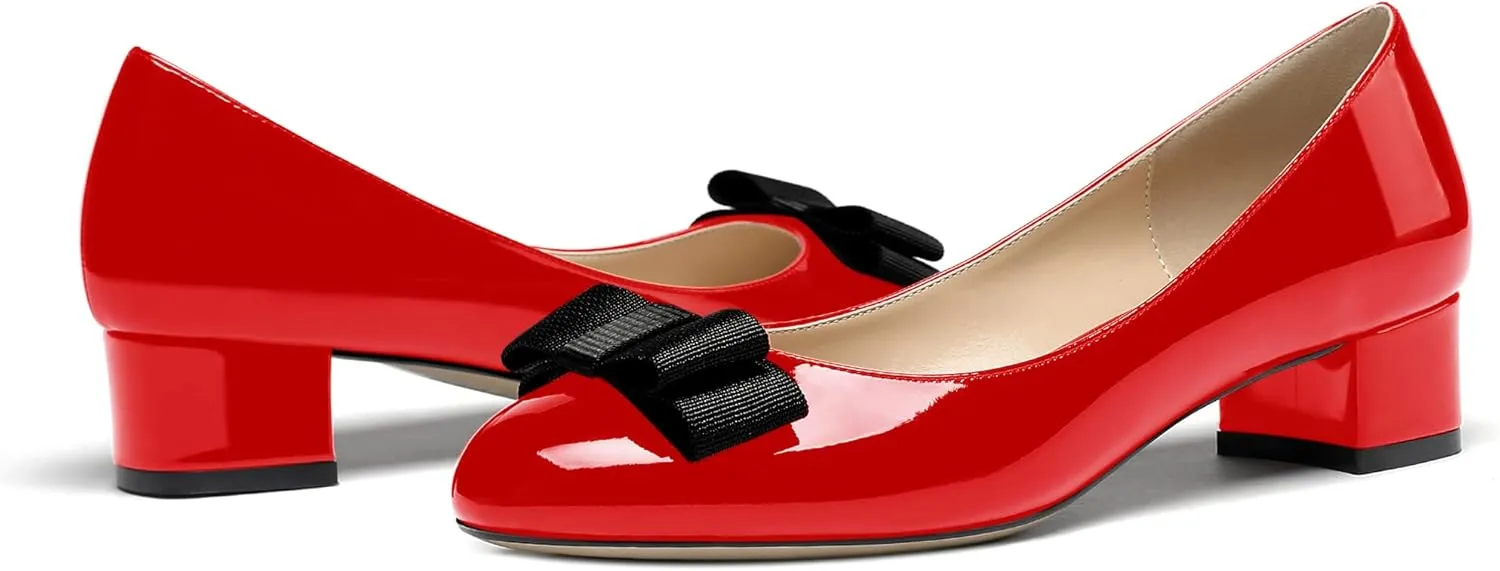 WAYDERNS Women's Patent Bow Slip On Round Toe Chunky Low Heel Pumps Shoes 1.5 Inch
