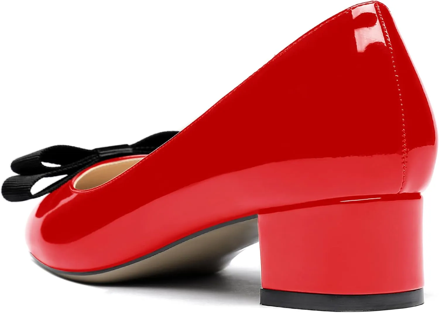 WAYDERNS Women's Patent Bow Slip On Round Toe Chunky Low Heel Pumps Shoes 1.5 Inch