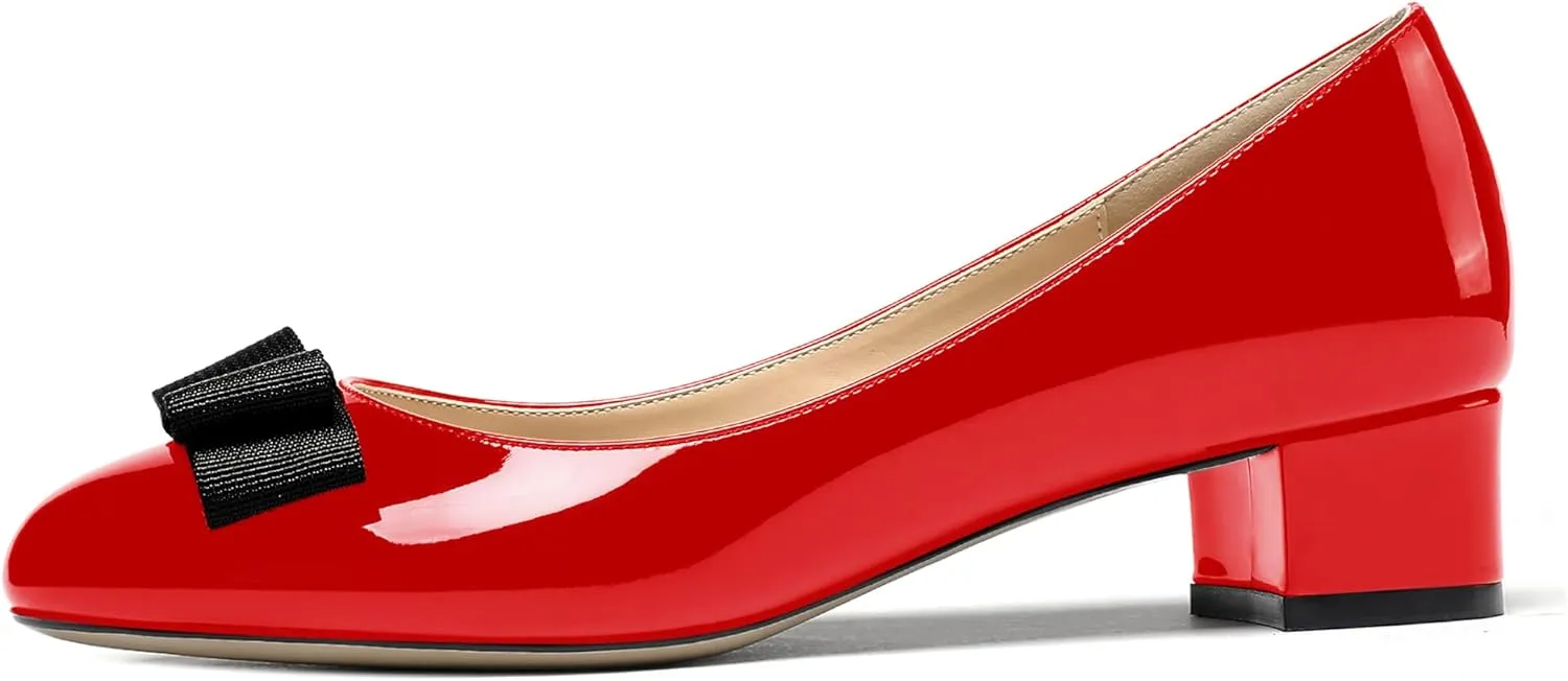 WAYDERNS Women's Patent Bow Slip On Round Toe Chunky Low Heel Pumps Shoes 1.5 Inch