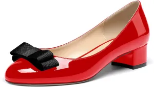 WAYDERNS Women's Patent Bow Slip On Round Toe Chunky Low Heel Pumps Shoes 1.5 Inch