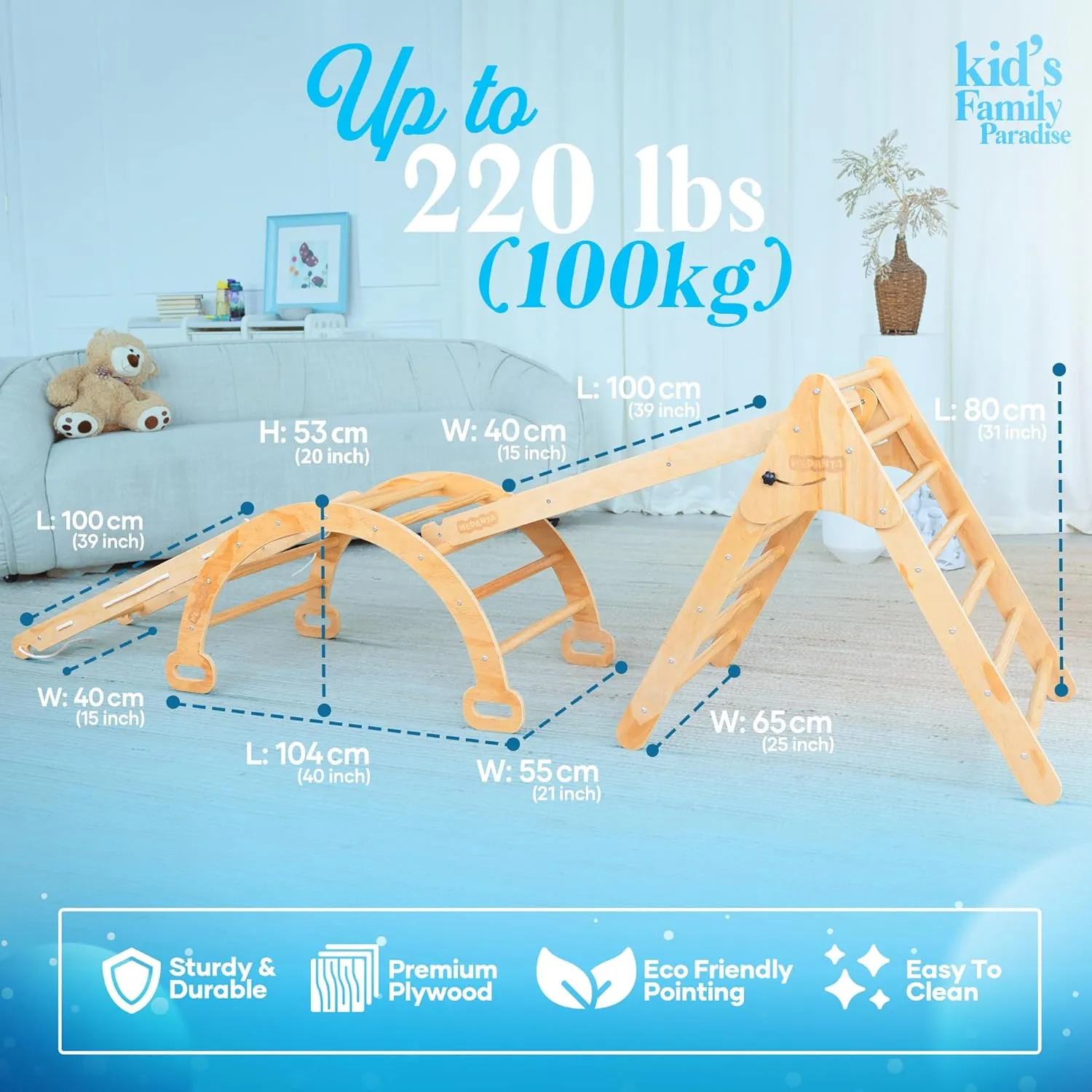 WEDANTA Foldable Climbing Toys Toddlers 4 in 1 - Pikler Triangle Climber Ramp Arch - Wooden Toddler Set 3 in 1 - Montessori Set - Pickler 3 Piece Gym for Kid