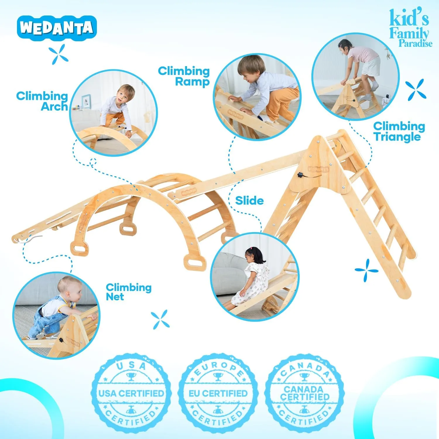 WEDANTA Foldable Climbing Toys Toddlers 4 in 1 - Pikler Triangle Climber Ramp Arch - Wooden Toddler Set 3 in 1 - Montessori Set - Pickler 3 Piece Gym for Kid