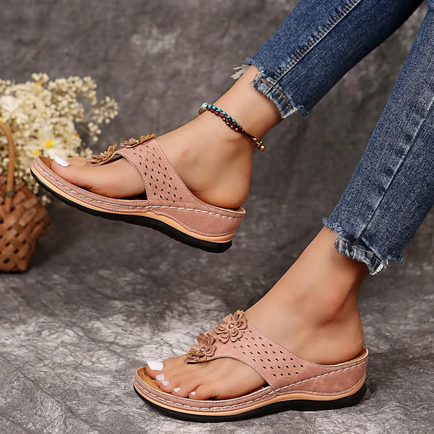 Wedge Sandals for Women Orthopedic Sandals with Arch Support Wedges Thong Sandals Slides Open Toe Flip Flops Sandals