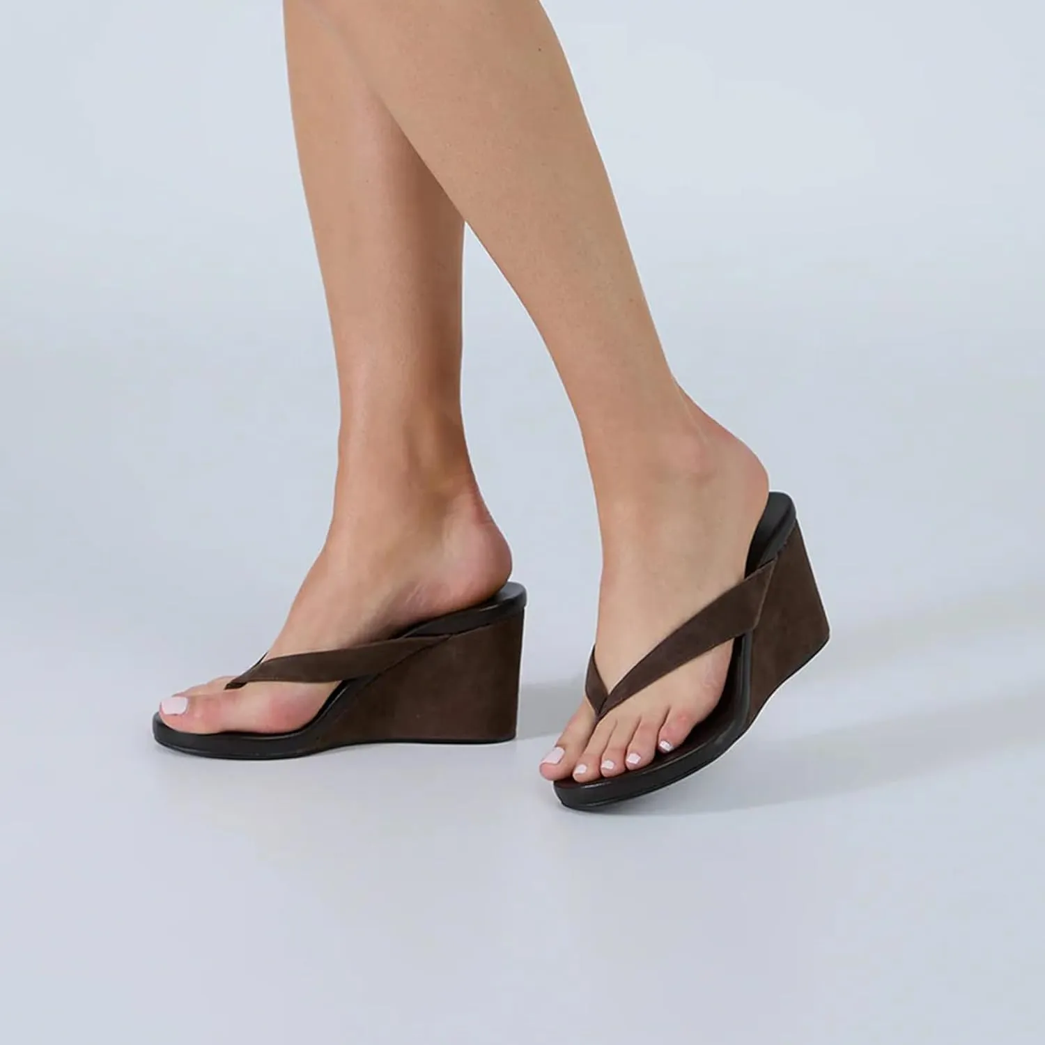 Wedge Sandals for Women Suede Arch Support Slip On Flip Flops Summer Open Round Toe Platform Thong Slide Sandals with Rubber Sole