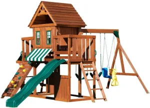 Winchester Wood Complete Play Set with Two Swings, Slide, Rock Wall, Picnic Table and Glider