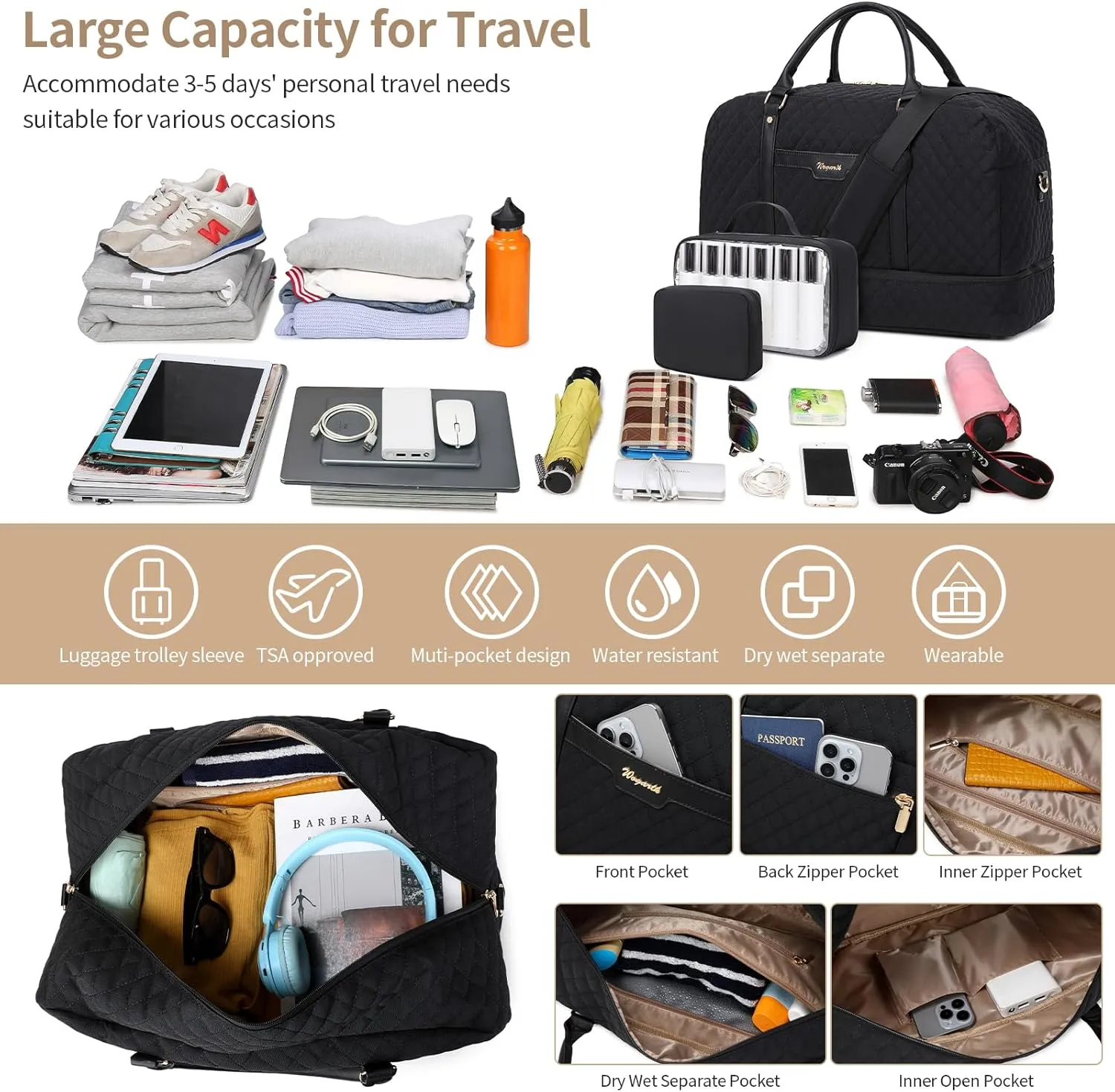 Wogarl Weekender Bag for Women Men Large Overnight Bag Travel Duffel Bag with Shoe Compartment Toiletry Satchel Bag Carry On Bag Fit 21" Laptop