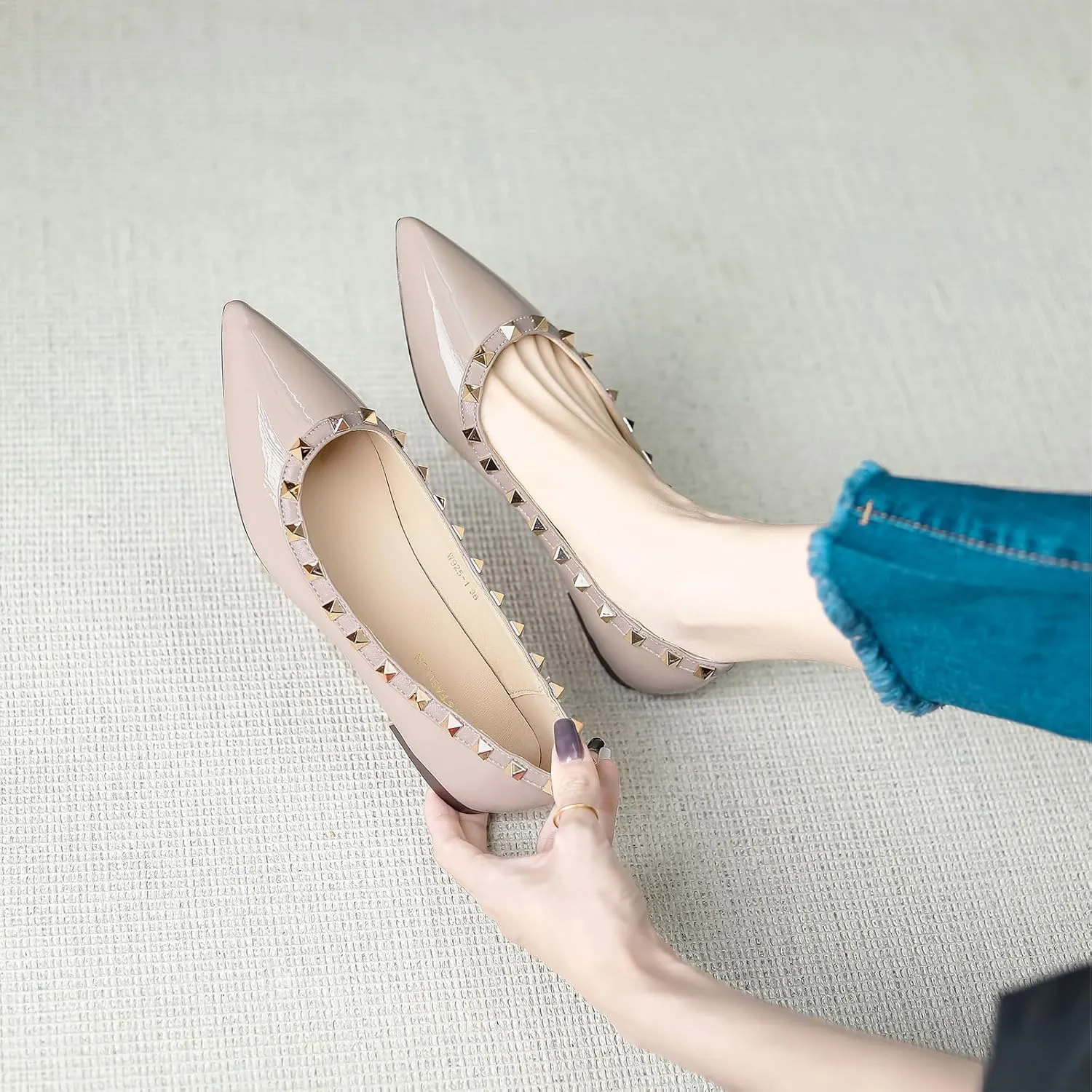 Women Fashion Patent Leathe Studded Rivet Slip on Flat Shoes Summer Closed Pointed Toe Shallow Mouth Comfortable Dress Walking Flat Shoes