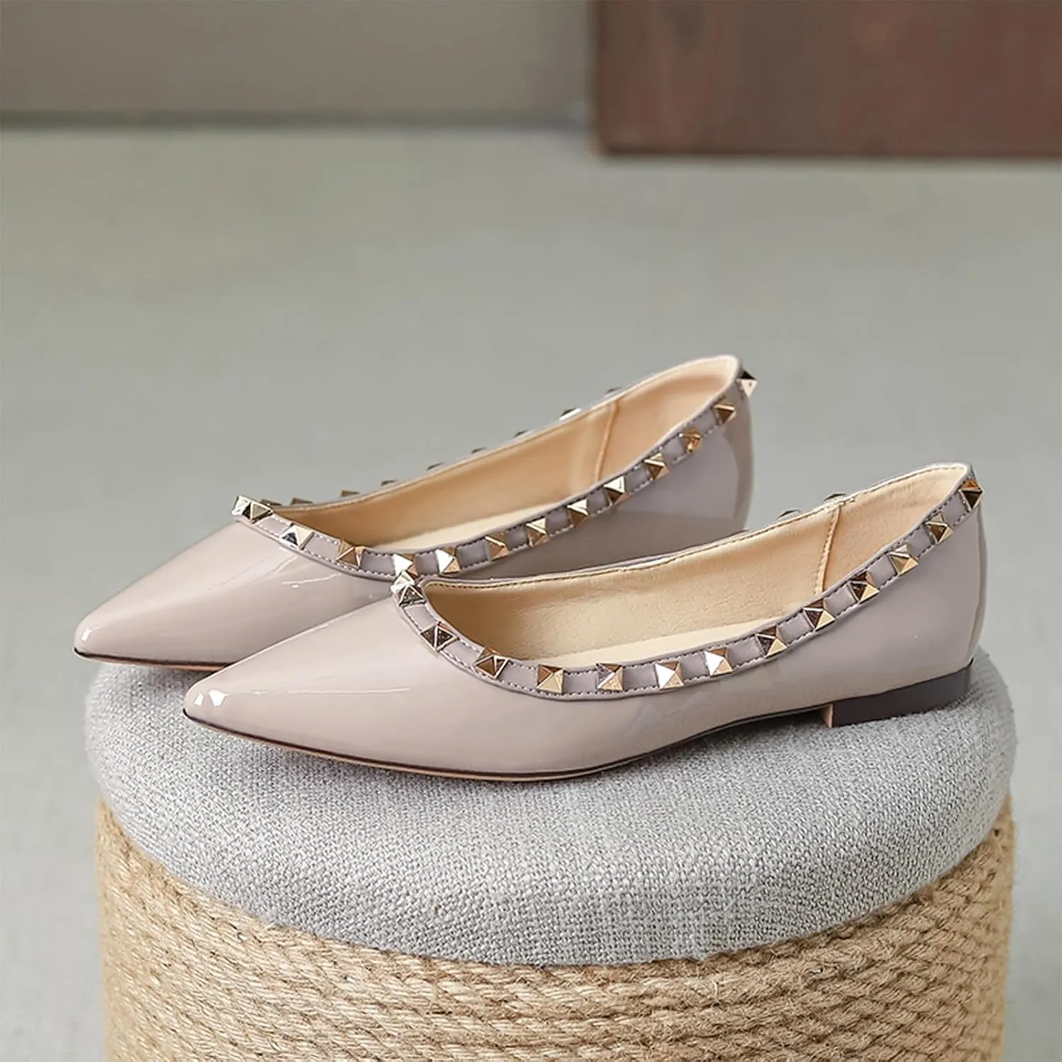 Women Fashion Patent Leathe Studded Rivet Slip on Flat Shoes Summer Closed Pointed Toe Shallow Mouth Comfortable Dress Walking Flat Shoes
