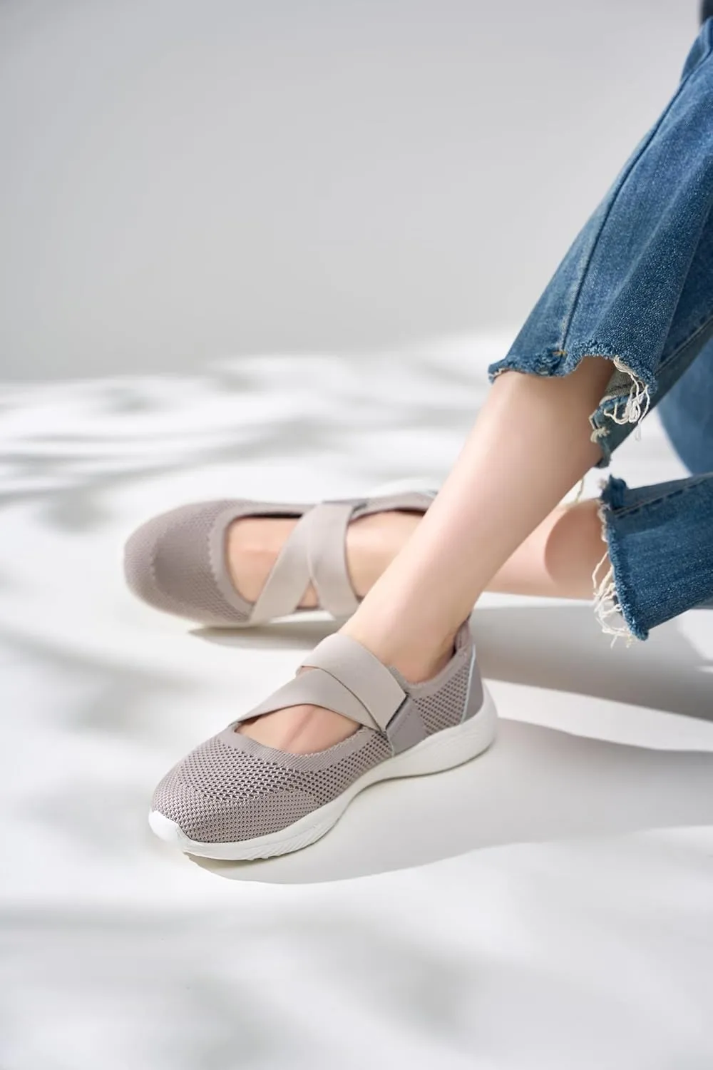 Women Mary Jane Shoes Comfortable Walking Flats with Adjustable Straps Knit Casual Arch Support Flat