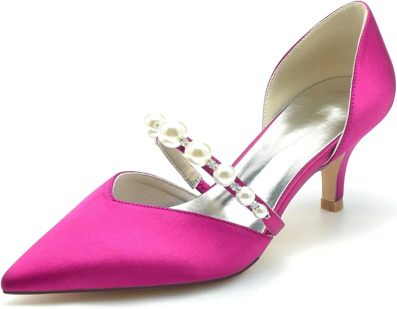 Women Sexy Satin Evening Rhinestone Beads Kitten Heel Pumps Pointed Toe Slip on Slide Dress Shoes