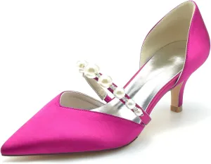 Women Sexy Satin Evening Rhinestone Beads Kitten Heel Pumps Pointed Toe Slip on Slide Dress Shoes