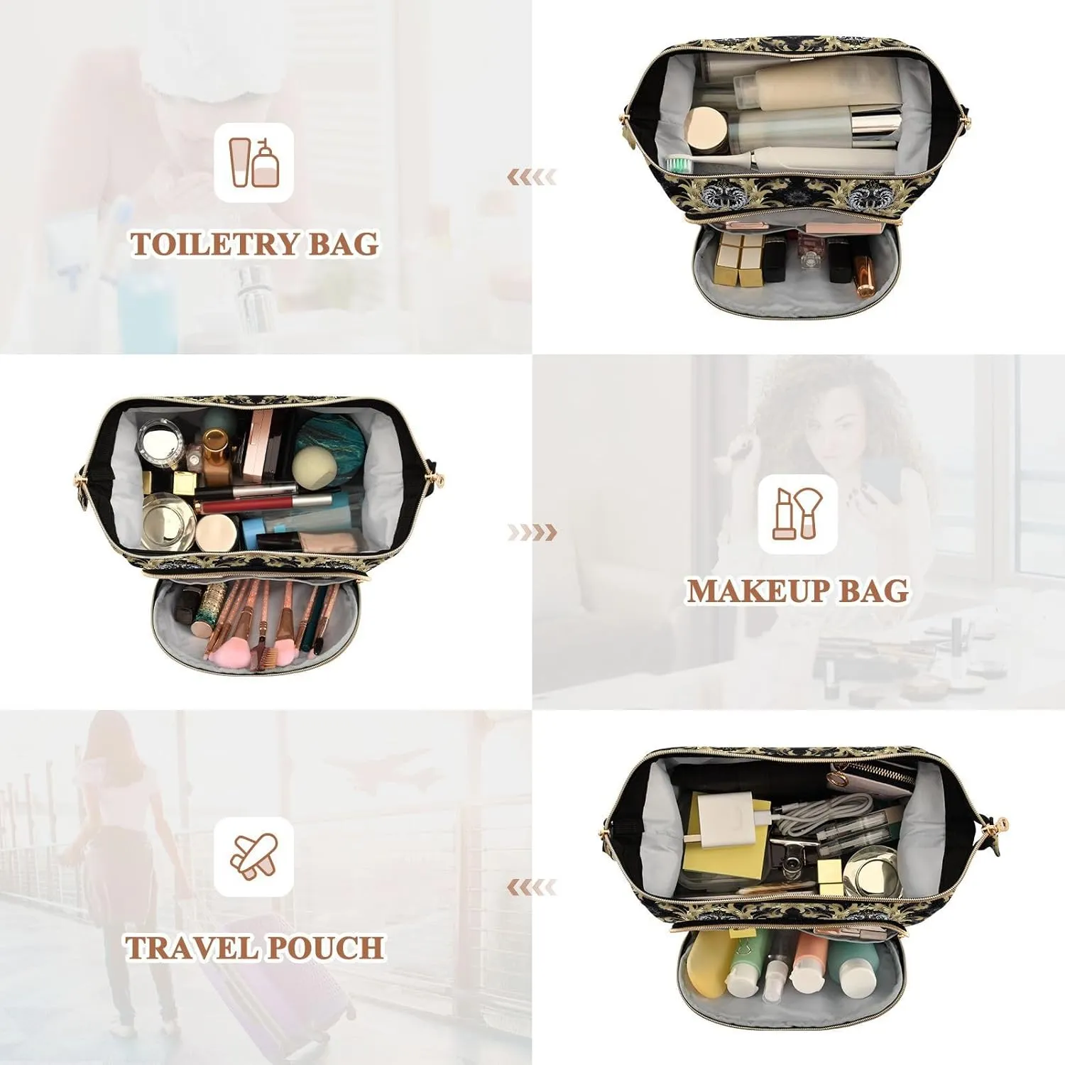 Women Wave Quilt Cosmetic Bag, Storage Pouch Handbag Makeup Case Zipper Toiletry Purse Holder Organizer 10.2x5.9x6.7 in Retro Royal Gold Silver Baroque Floral Scroll Leaves Flowers