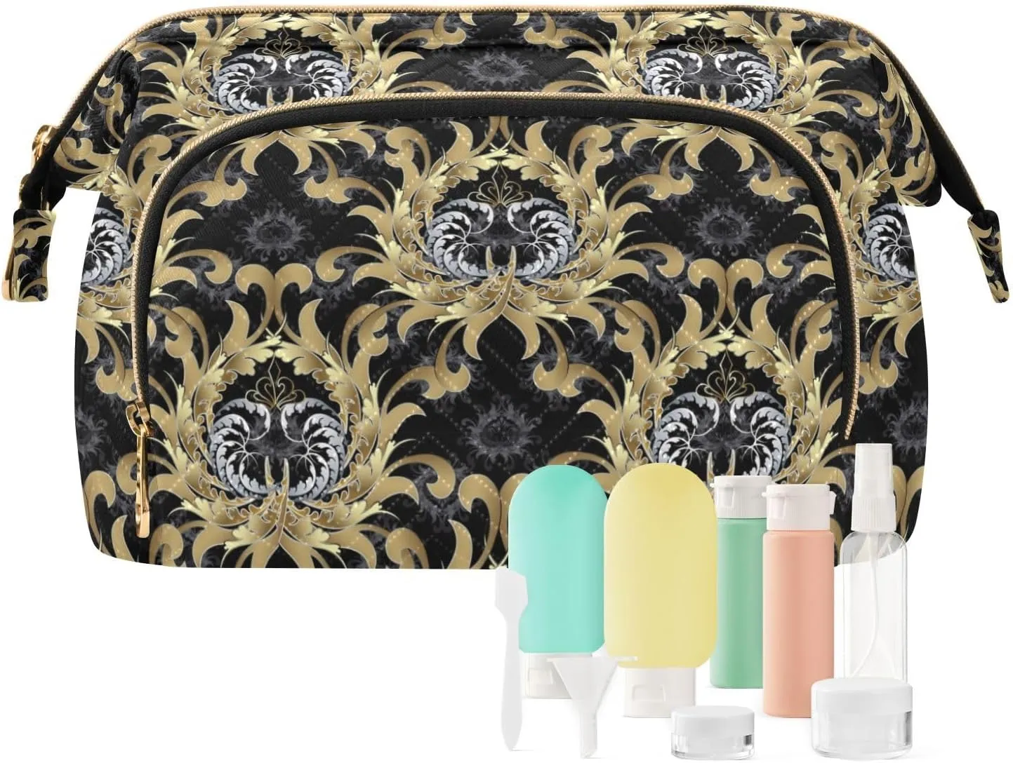 Women Wave Quilt Cosmetic Bag, Storage Pouch Handbag Makeup Case Zipper Toiletry Purse Holder Organizer 10.2x5.9x6.7 in Retro Royal Gold Silver Baroque Floral Scroll Leaves Flowers