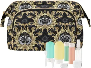 Women Wave Quilt Cosmetic Bag, Storage Pouch Handbag Makeup Case Zipper Toiletry Purse Holder Organizer 10.2x5.9x6.7 in Retro Royal Gold Silver Baroque Floral Scroll Leaves Flowers