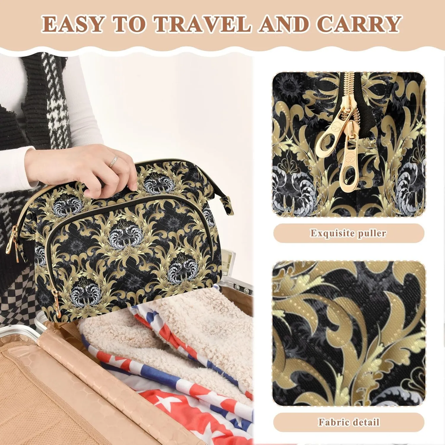 Women Wave Quilt Cosmetic Bag, Storage Pouch Handbag Makeup Case Zipper Toiletry Purse Holder Organizer 10.2x5.9x6.7 in Retro Royal Gold Silver Baroque Floral Scroll Leaves Flowers