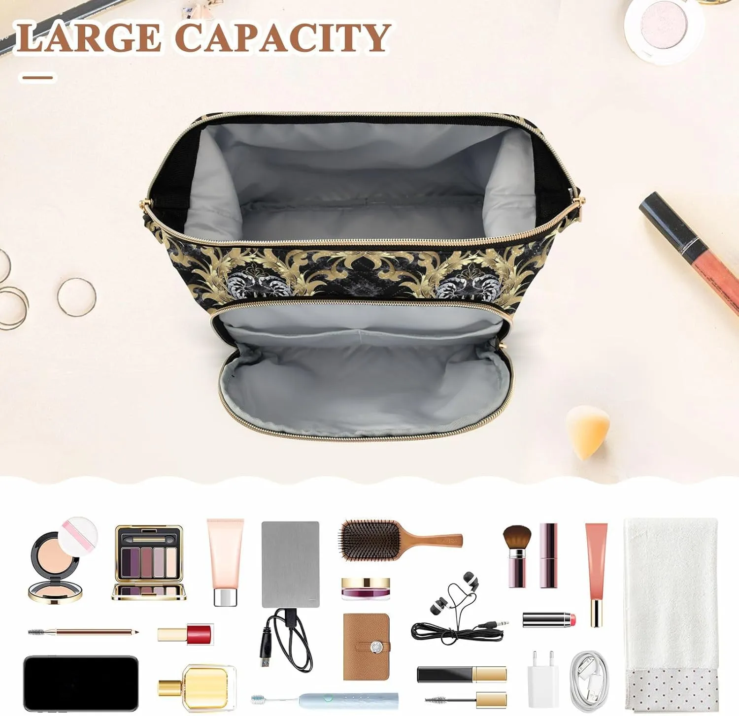 Women Wave Quilt Cosmetic Bag, Storage Pouch Handbag Makeup Case Zipper Toiletry Purse Holder Organizer 10.2x5.9x6.7 in Retro Royal Gold Silver Baroque Floral Scroll Leaves Flowers