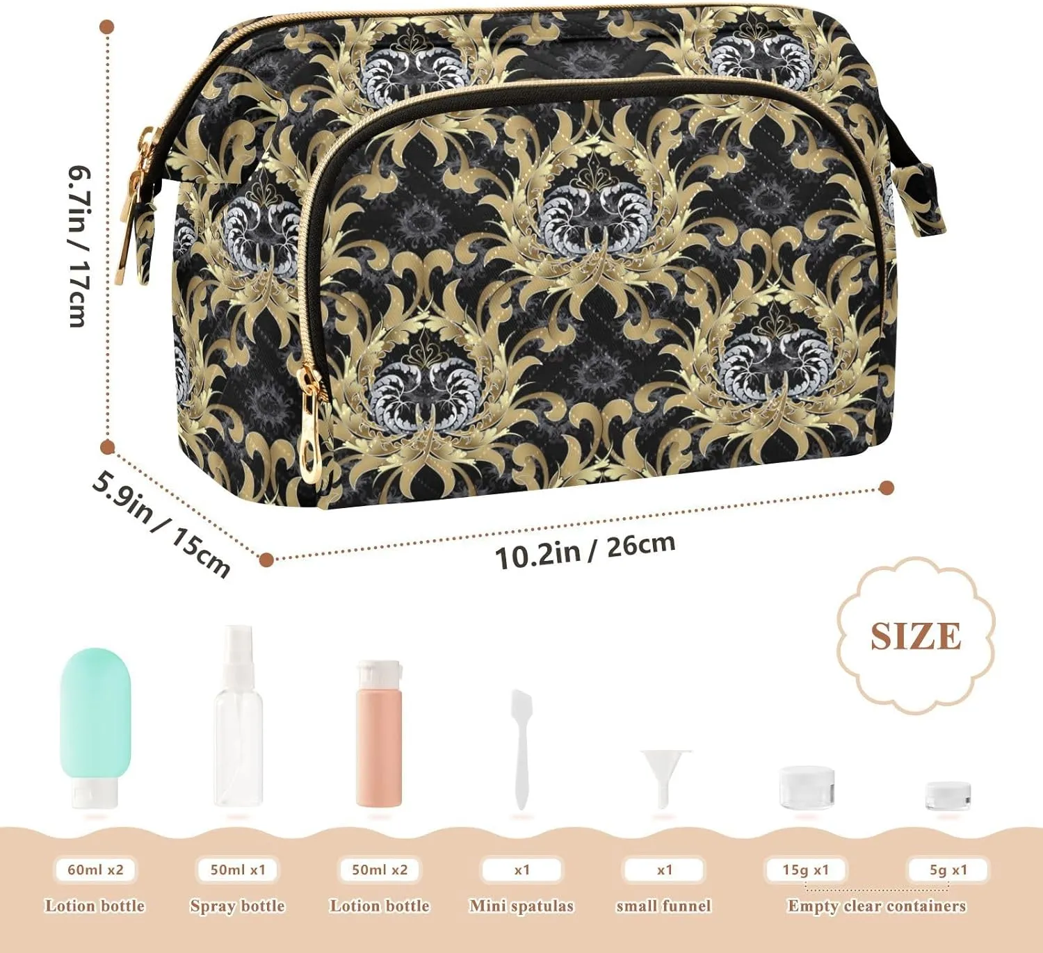 Women Wave Quilt Cosmetic Bag, Storage Pouch Handbag Makeup Case Zipper Toiletry Purse Holder Organizer 10.2x5.9x6.7 in Retro Royal Gold Silver Baroque Floral Scroll Leaves Flowers
