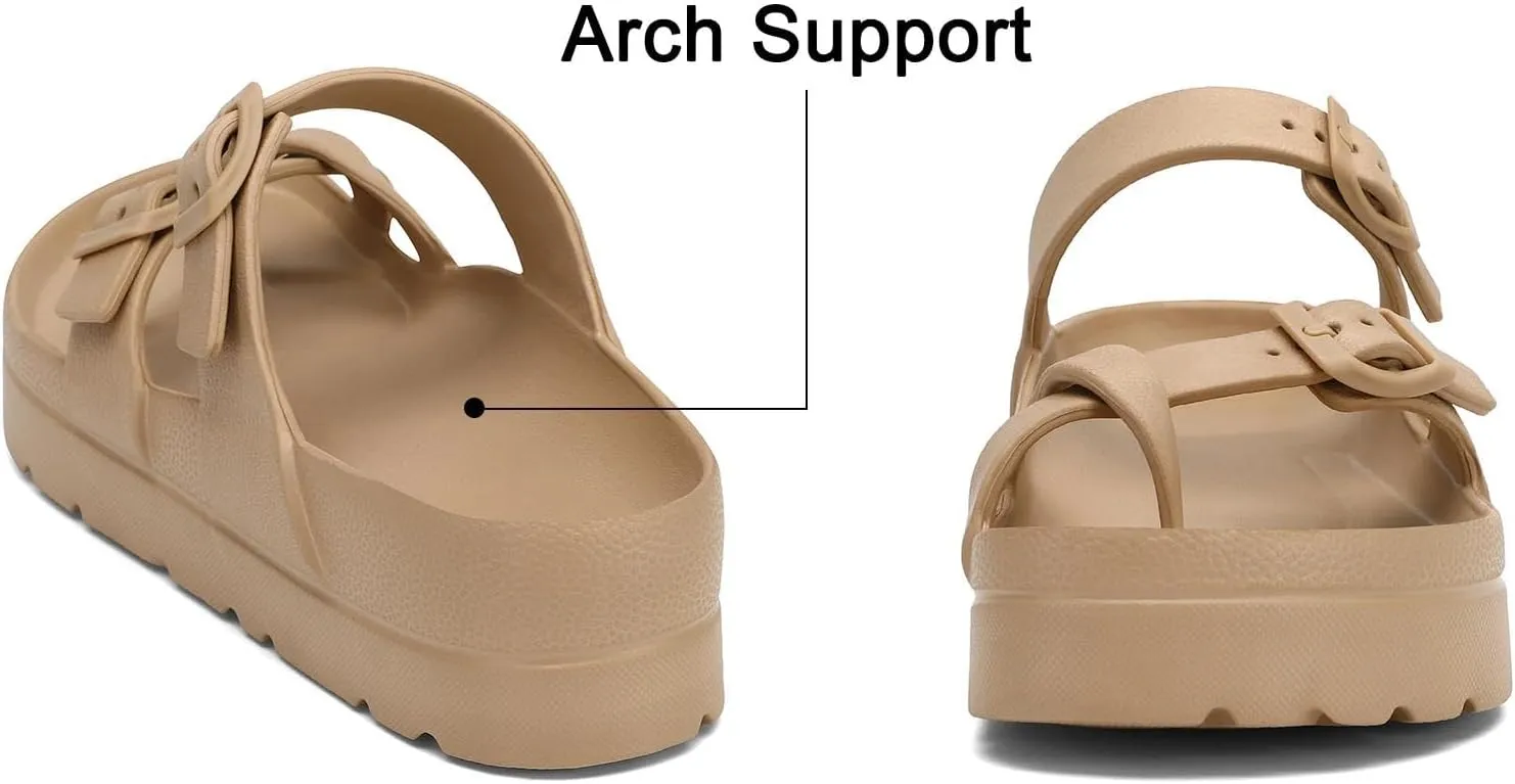 Womens Arch Support Platform Sandals Comfort Slides Thick Soles Flat Sandals With Adjustable Buckle & Ultra Cushion