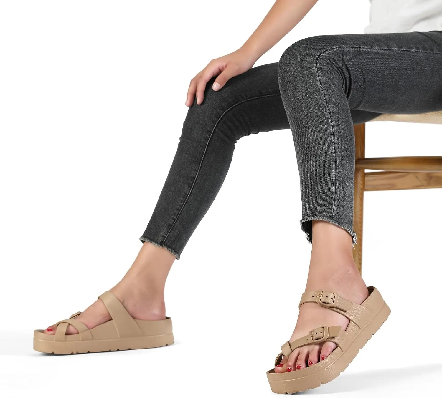 Womens Arch Support Platform Sandals Comfort Slides Thick Soles Flat Sandals With Adjustable Buckle & Ultra Cushion